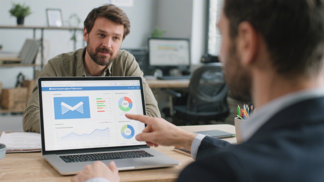 Consultant reviewing an email campaign report with a business owner, pointing to metrics and compliance notes during a one-to-one audit session.