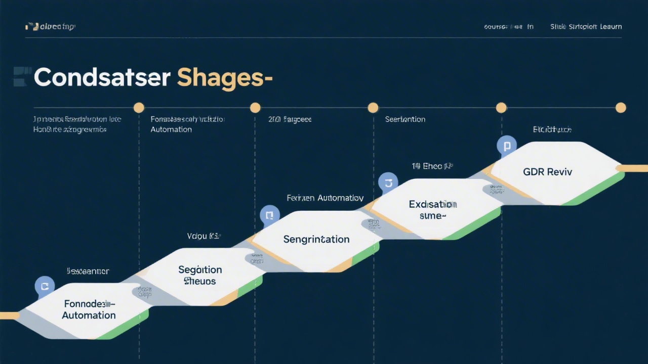 Horizontal timeline graphic showing course phases from foundations through automation, segmentation, deliverability, and GDPR review, used to guide structured learning.