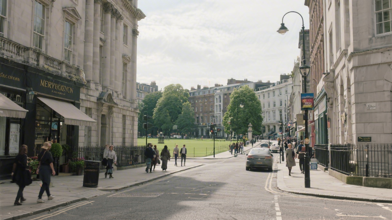 View of central Dublin streets near Merrion Square with historic buildings and pedestrians, representing the local setting of the academy.