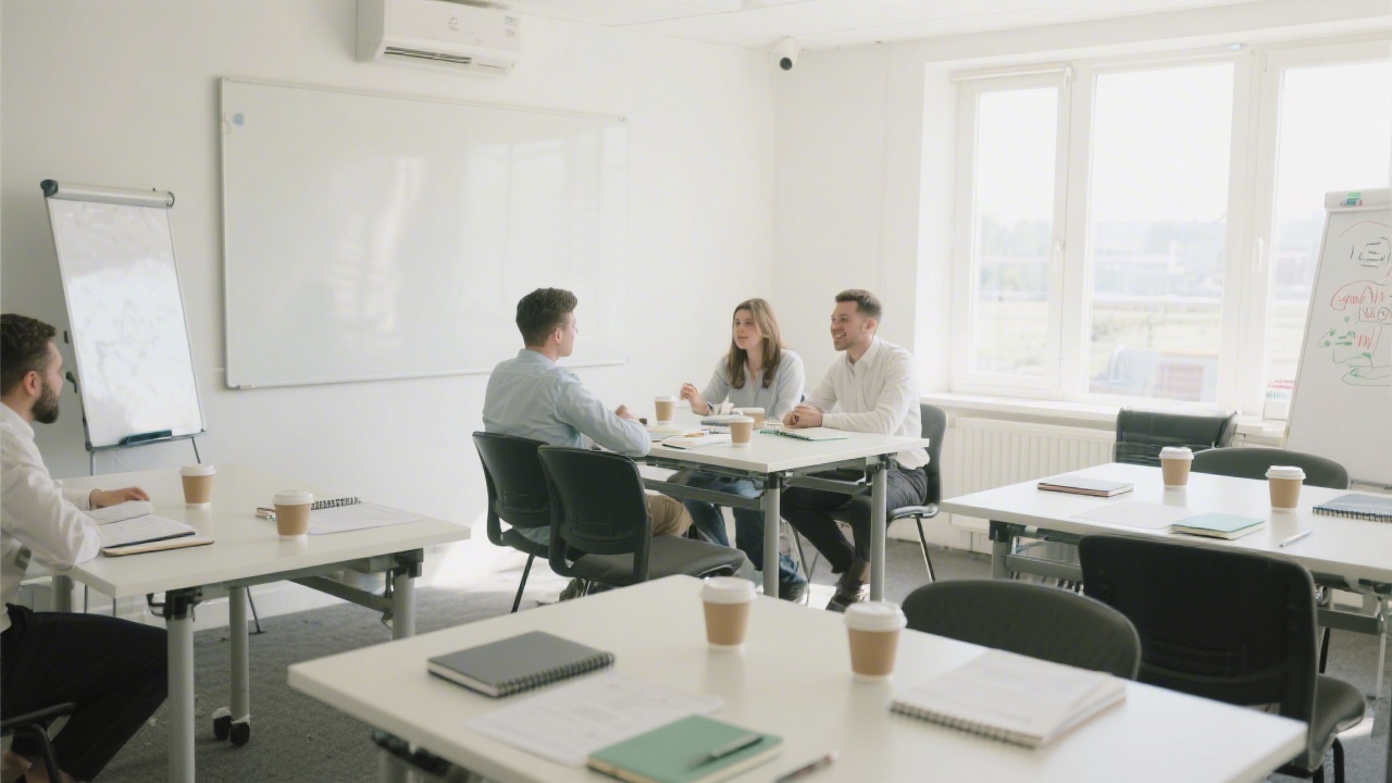 Bright training room with natural light, tables arranged for workshops, notebooks and coffee, indicating a practical learning environment for business email marketing teams.