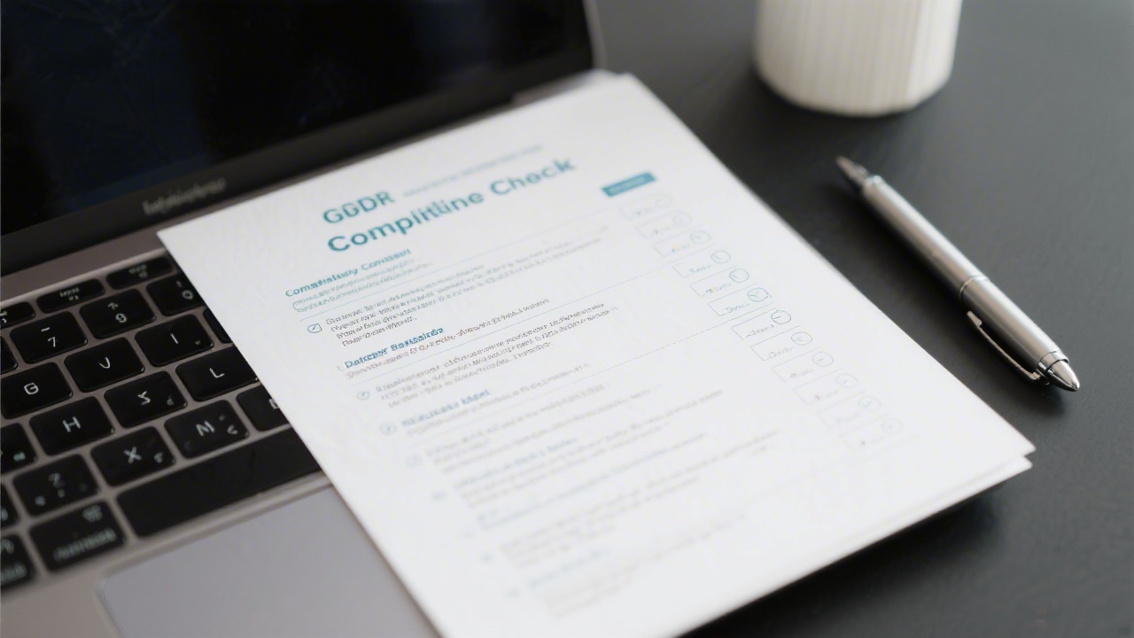 Printed GDPR compliance checklist with highlighted consent items, data retention notes, and lawful basis reminders placed next to a laptop and pen.