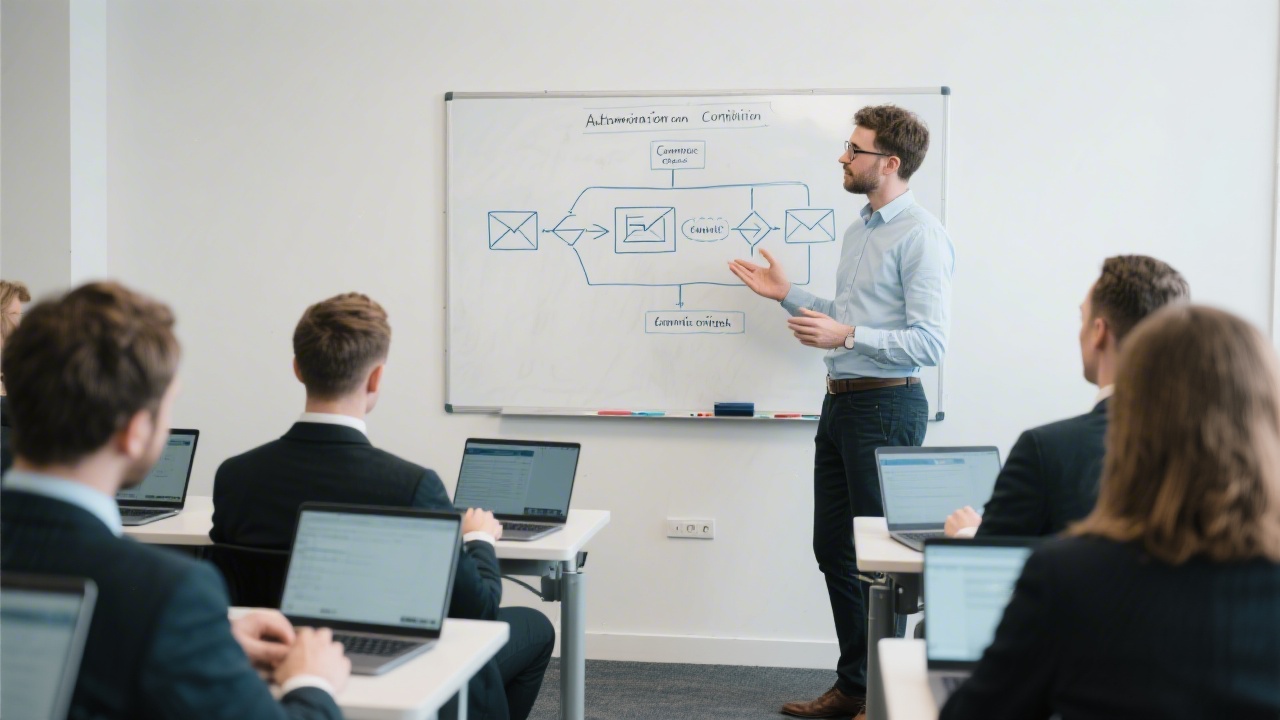 Instructor presenting a clear email workflow diagram on a whiteboard to a small Dublin classroom, laptops open, focused professionals discussing automation and compliance.