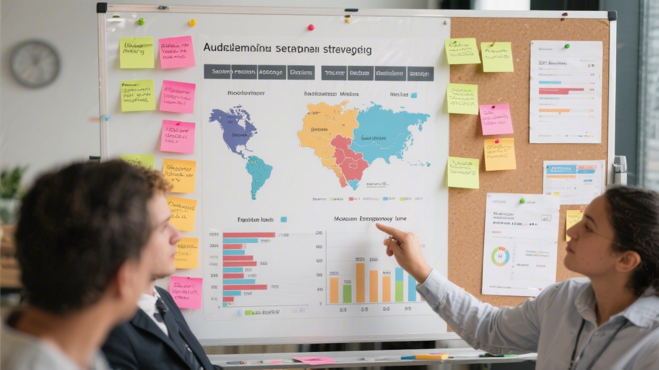 Sticky notes and charts on a planning board outlining audience segments by location, purchase history, and engagement level, used during segmentation strategy workshops.