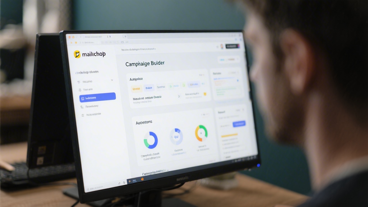 Open Mailchimp interface on a monitor with campaign builder and audience settings visible, representing common tools taught in practical Irish email marketing classes.