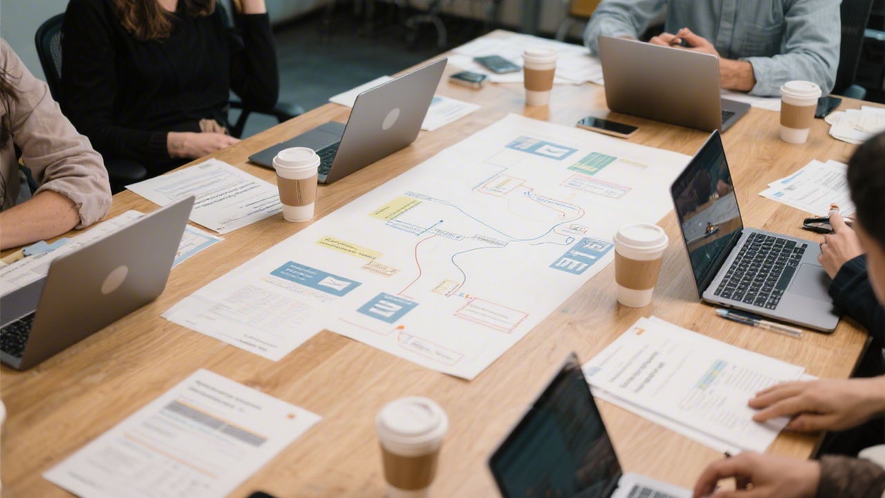 Workshop table with laptops, printed worksheets, and coffee cups where participants map lifecycle emails and discuss compliant consent wording together.